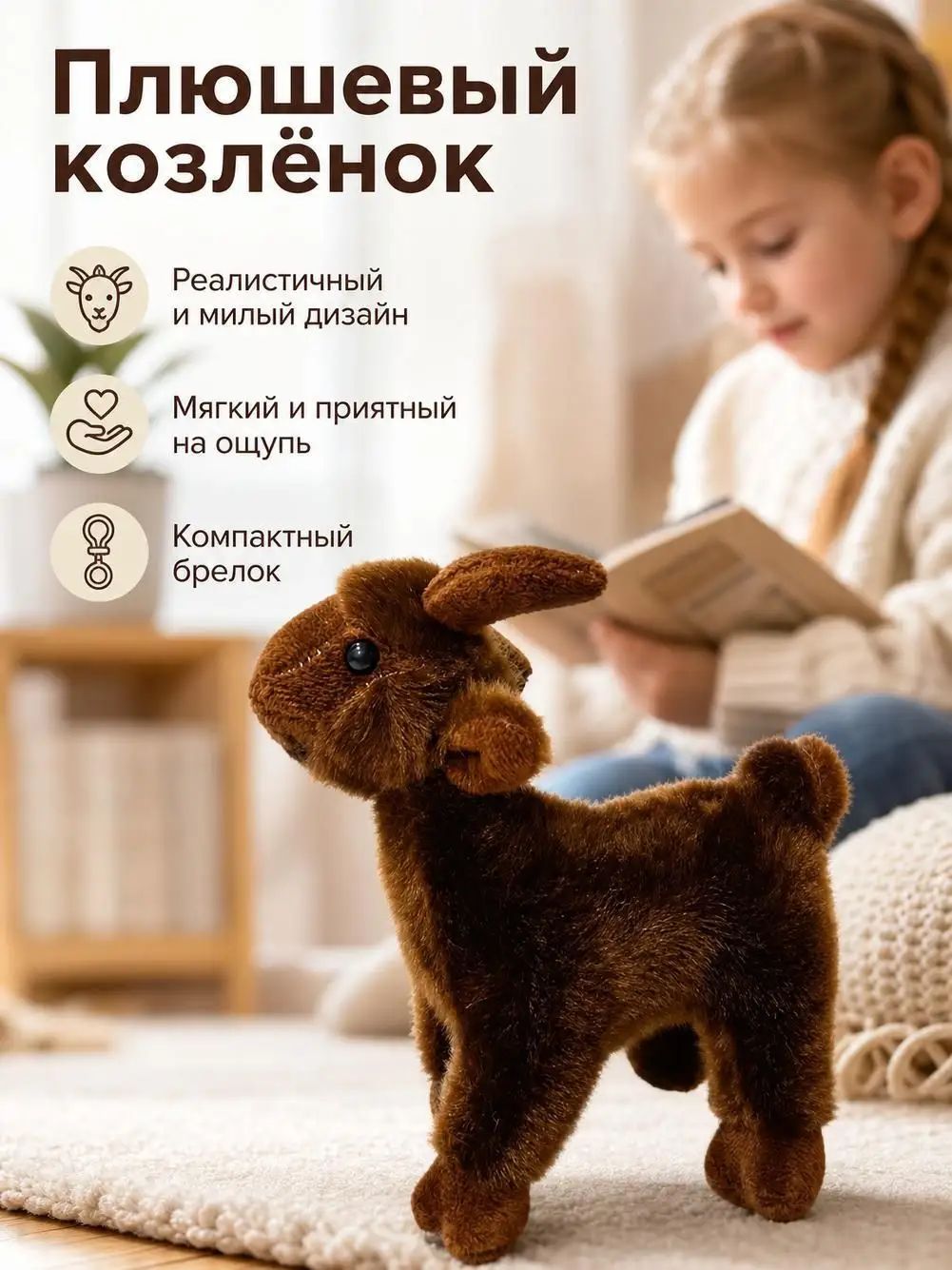 Милая реалистичная плюшевая игрушка-кулон в виде козы.
