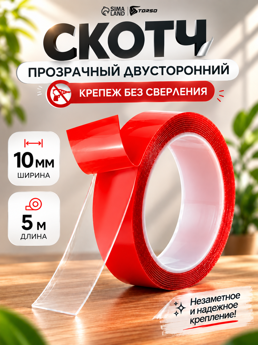 Клейкая лента Cartage, прозрачная, двусторонняя, акриловая, 10 мм × 5 м