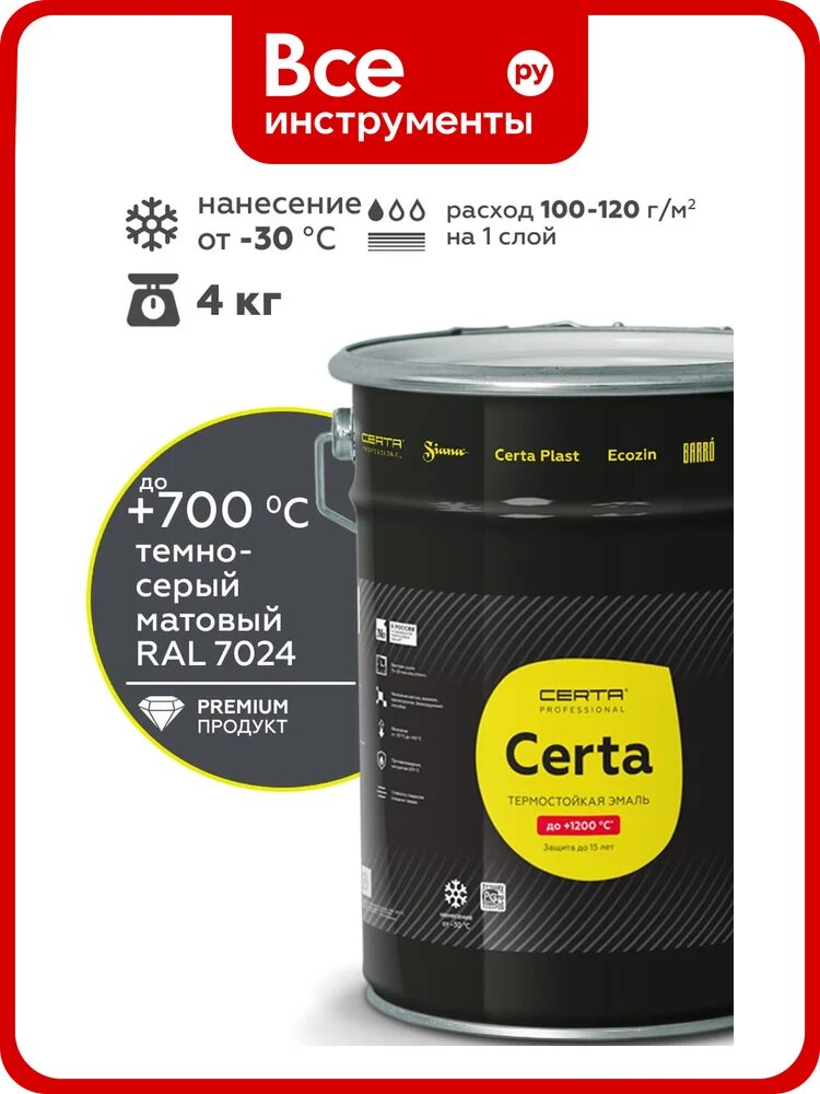 Краска термостойкая антикоррозионная до 700°С Certa темно-серый (~RAL 7024) 4кг CPR00110