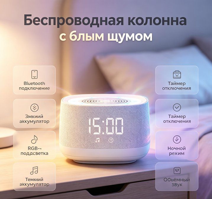 Компактная умная колонка с поддержкой Bluetooth, светодиодными часами и RGB подсветкой.
