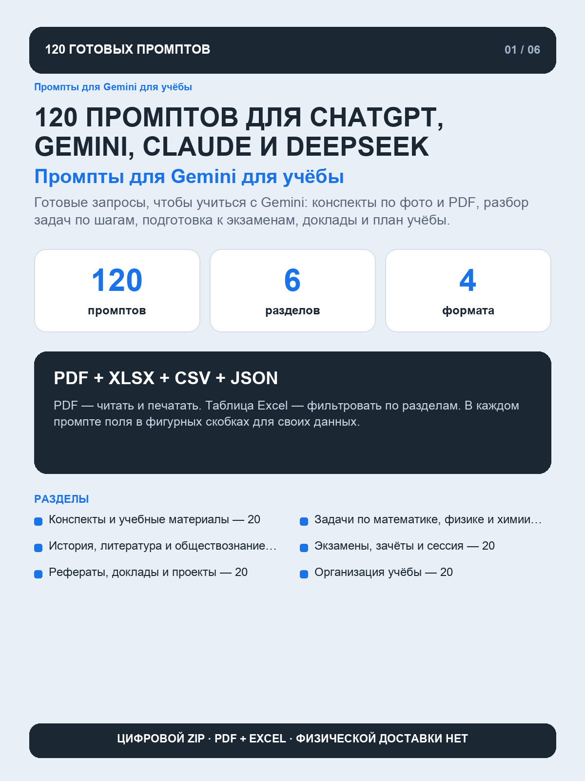 Промпты для Gemini для учёбы: 120 запросов для конспектов, решения задач и подготовки к экзаменам, цифровая книга PDF A4