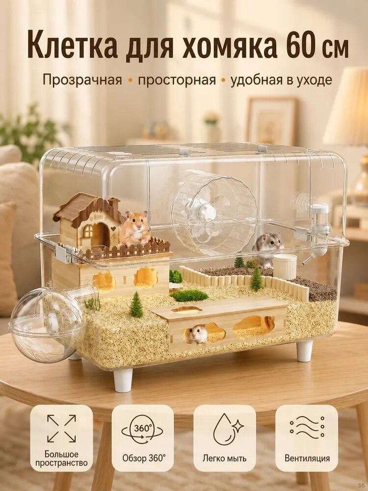 Клетка для хомяка 60 см прозрачная PET, большая клетка для джунгарского и сирийского хомяка с домиком, колесом 17 см и поилкой