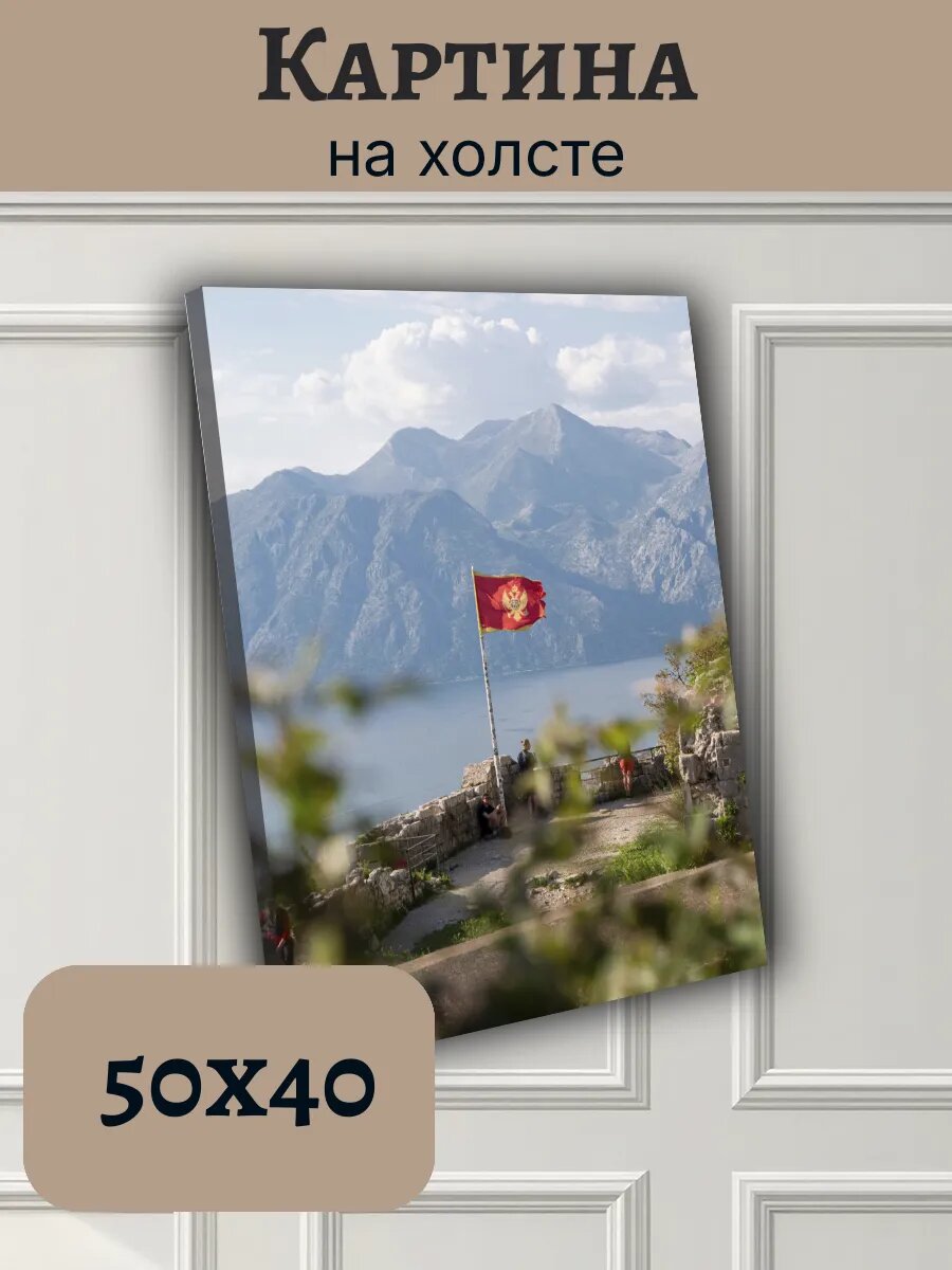 Картина Черногория Montenegro 40x50 горный пейзаж с флагом