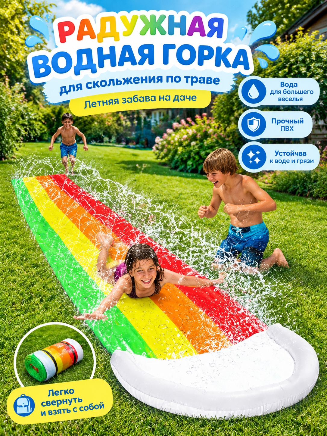 Радужная надувная горка для скольжения по траве с водой, детская летняя забава на даче
