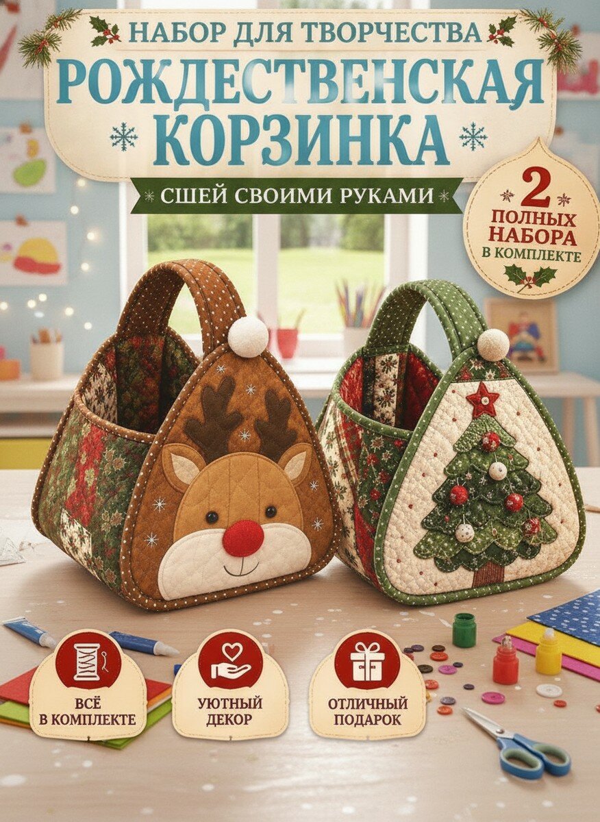 Набор для шитья новогодней корзинки из фетра с аппликациями и нитками, Дед Мороз, олень, пряничный человечек