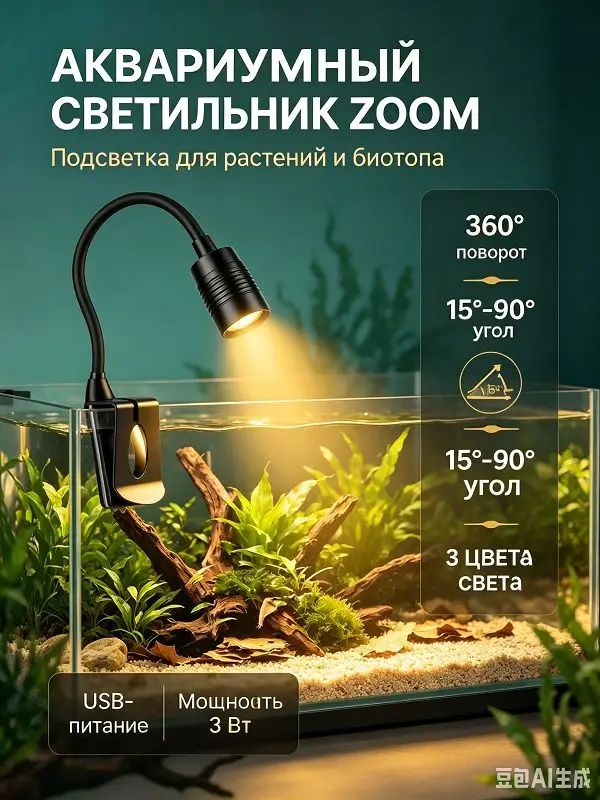 Регулируемый прожектор для аквариума, питание от USB, 3 Вт