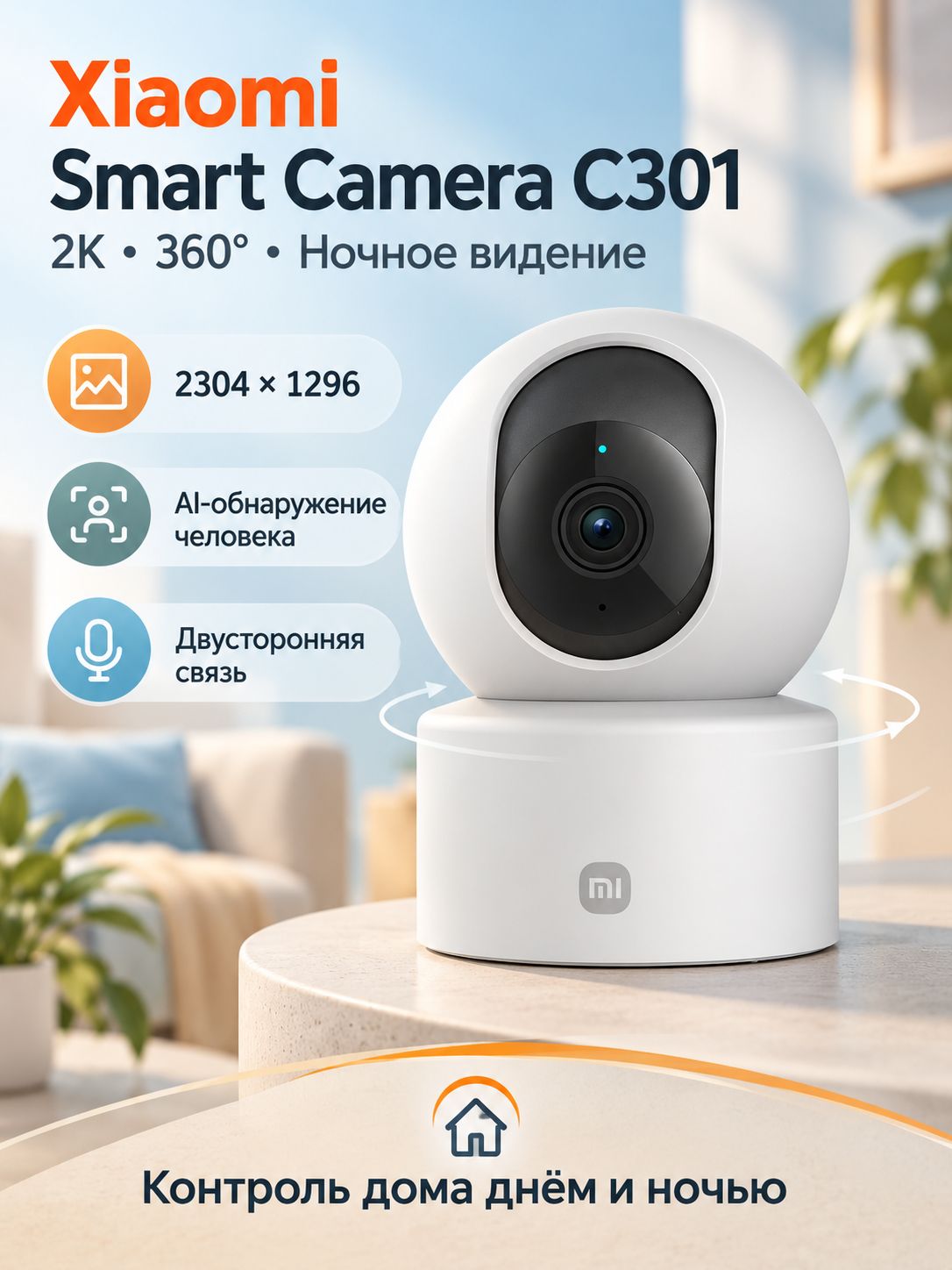 IP-камера Xiaomi Smart Camera C301, 2K 3МП, поворот 360, ночное видение, Wi-Fi