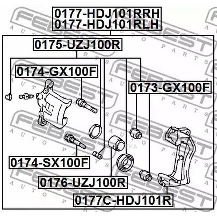 Суппорт тормозной задний левый (со скобой) TOYOTA LAND CRUISER 100 FZJ10# HDJ100 HZJ105 UZJ100 1998. FEBEST 0177HDJ101RLH
