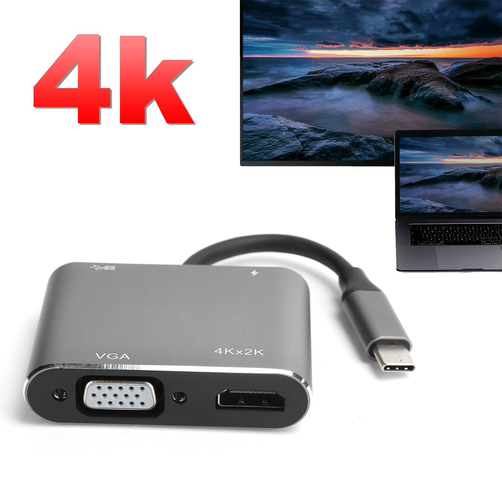 Мультимедийный интерфейс типа C-HD VGA USB3.0 Док-станция USB-C 4 в 1 Конвертер USB-C 4K