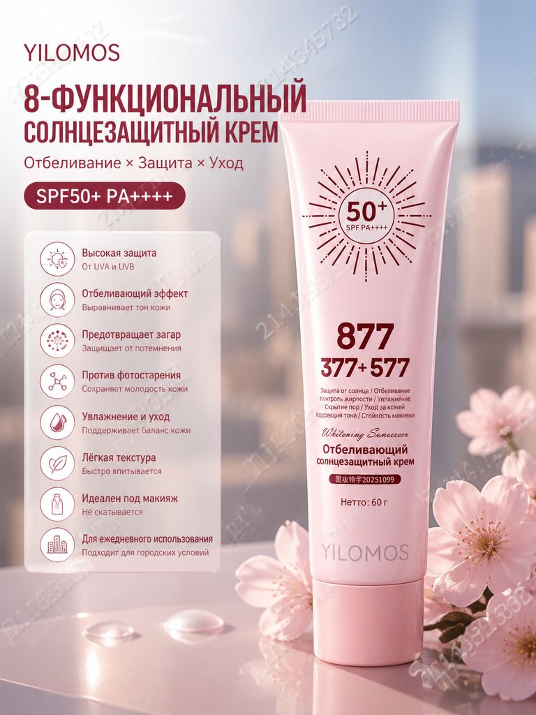 Многофункциональный отбеливающий солнцезащитный крем SPF50+ PA++++, комбинированный физико-химический фильтр, выравнивает тон кожи, увлажняет, маскирует пигментацию, объем 60 г