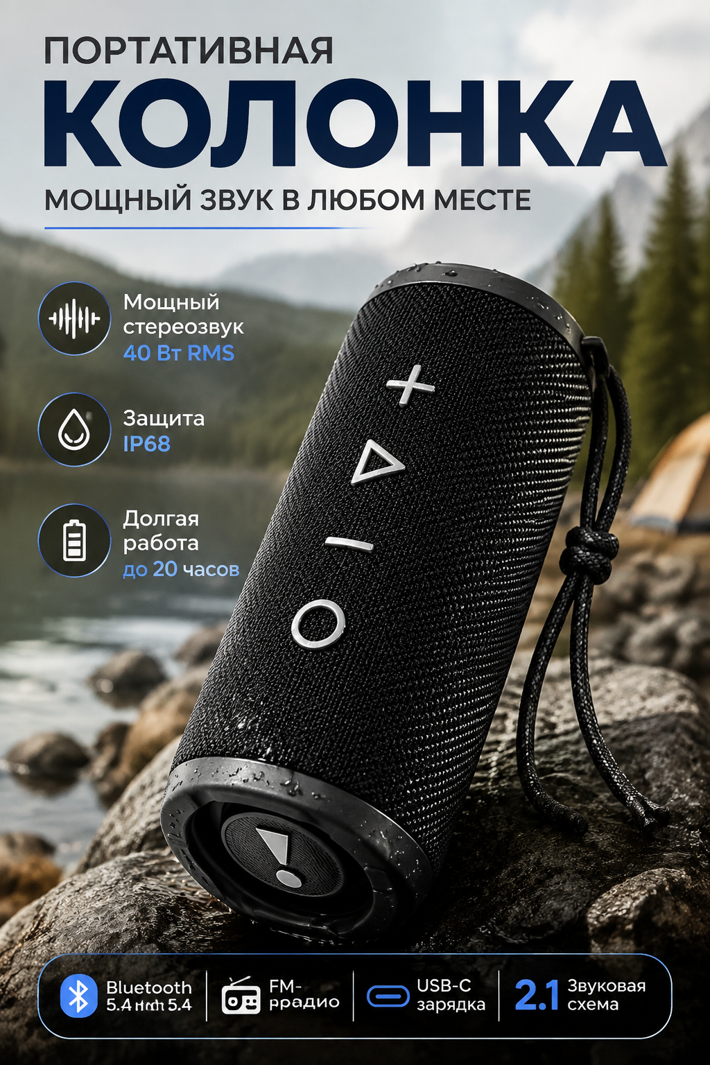 Портативная беспроводная колонка с Bluetooth 5.4, FM-радио, IP68, USB-C, 40 Вт RMS