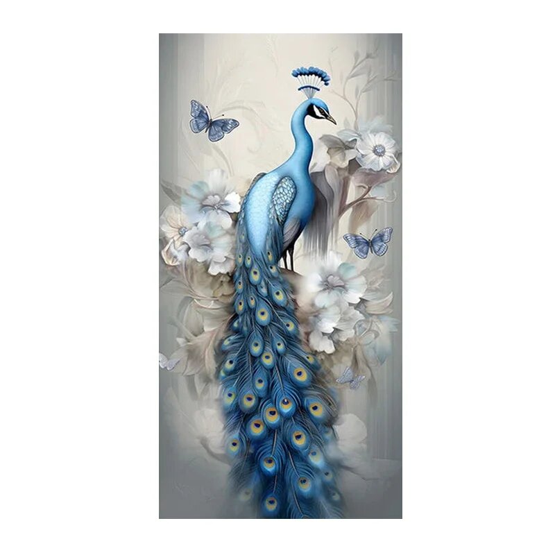 Алмазная картина beadslove Белые цветы синего павлина round 45x90cm, XJPEACOCK006