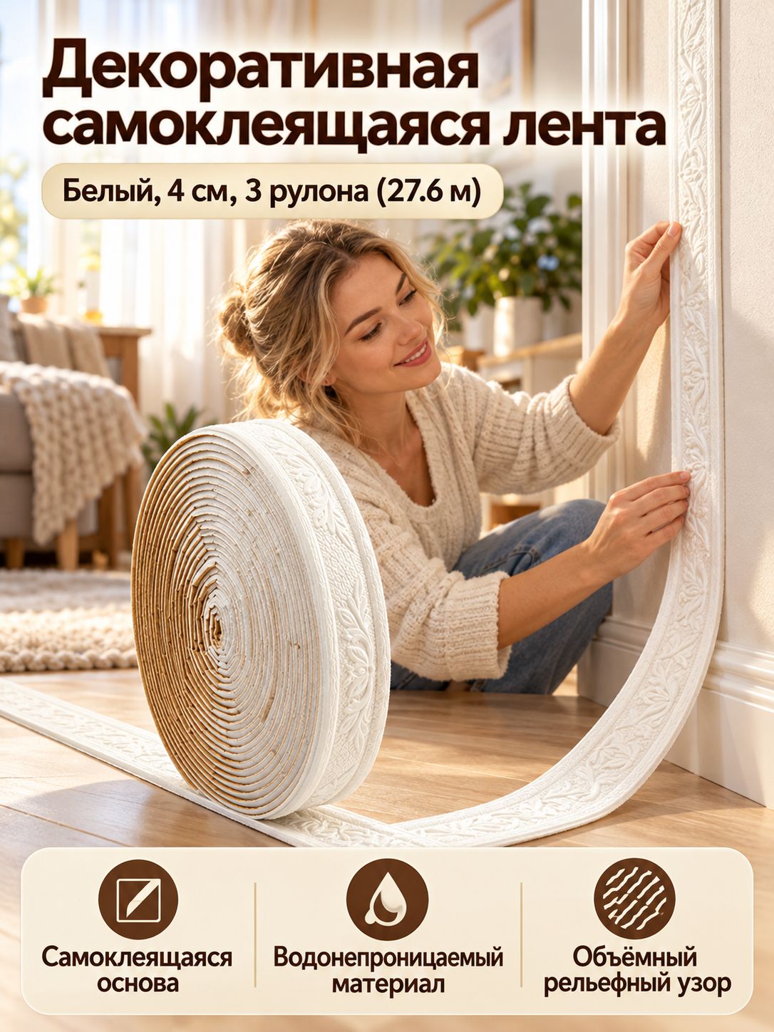 Декоративный самоклеящийся бордюр для потолка и стен, 4 см шириной, белый, 2 рулона (18 м)