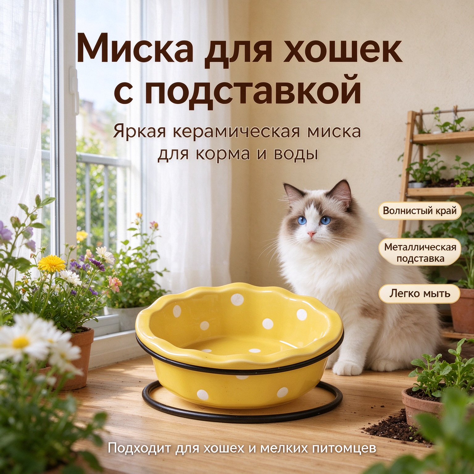 Керамическая миска для кошек в горошек с металлической подставкой, противоскользящая миска для еды и воды питомца