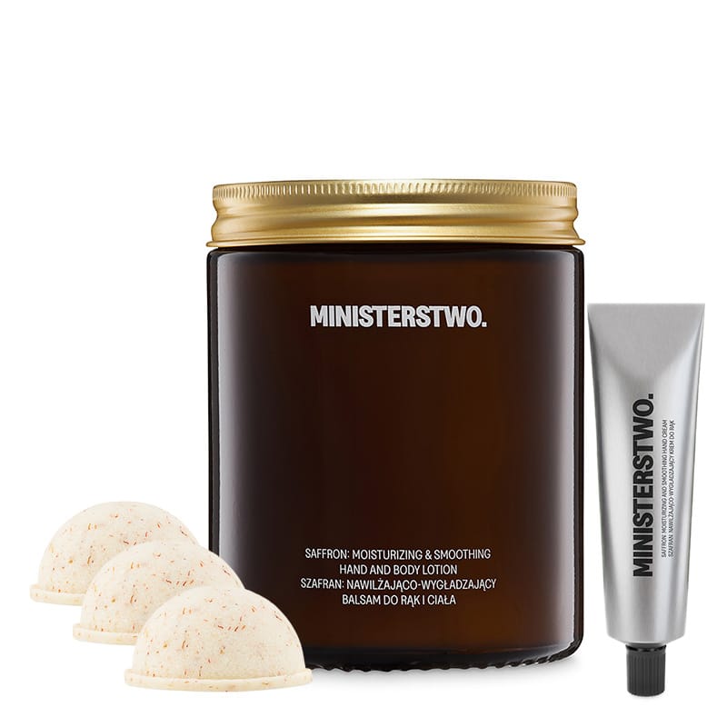 Набор уходовой косметики Ministerstwo Dobrego Myd a Szafran Body Beauty Set Набор: полусфера для ванны 60 г x 3 + крем для рук 50 мл + питательный бальзам для тела 160 мл