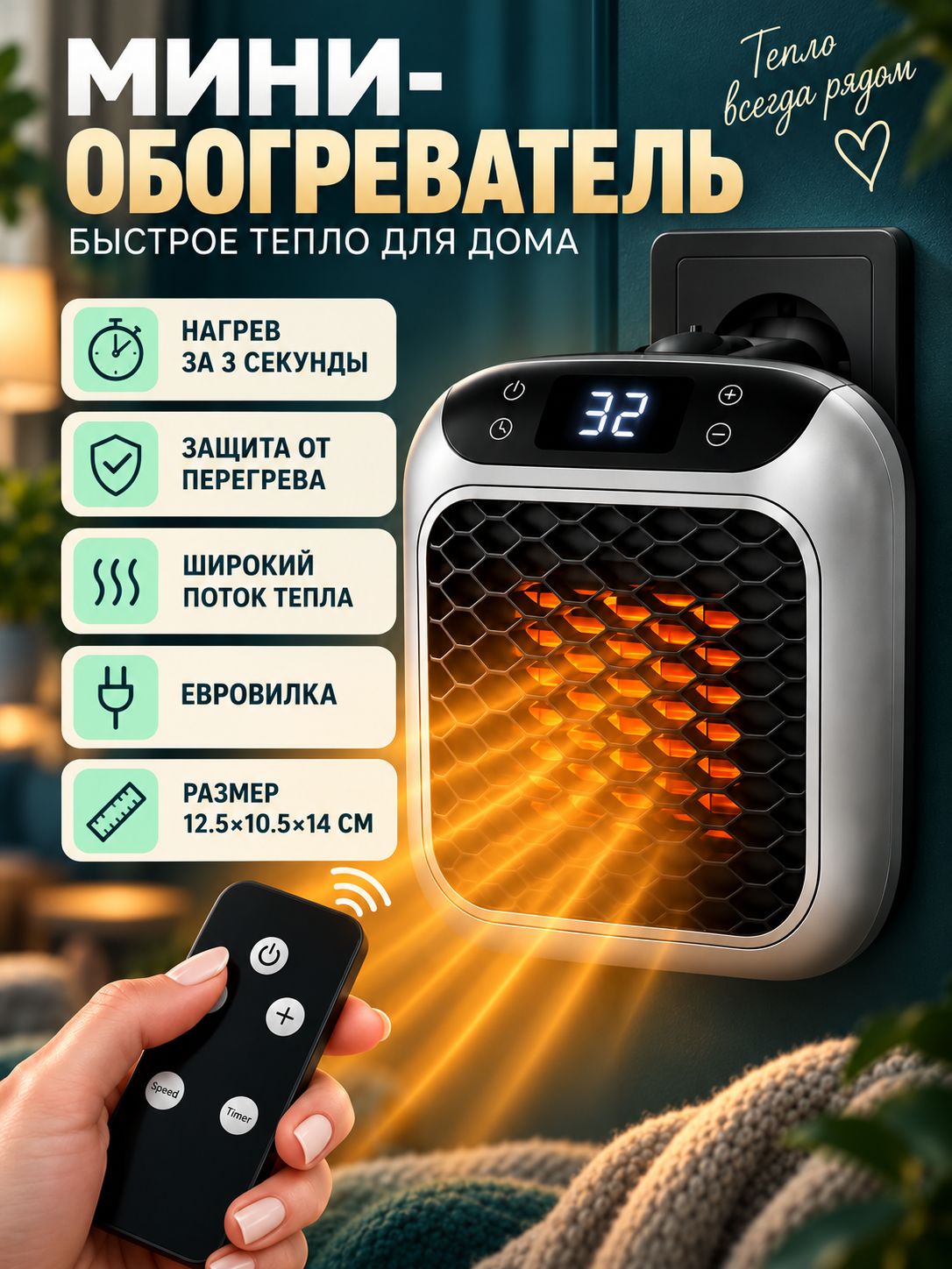 Обогреватель для дома электрический в розетку, тепловентилятор настенный с вентилятором 800 Вт