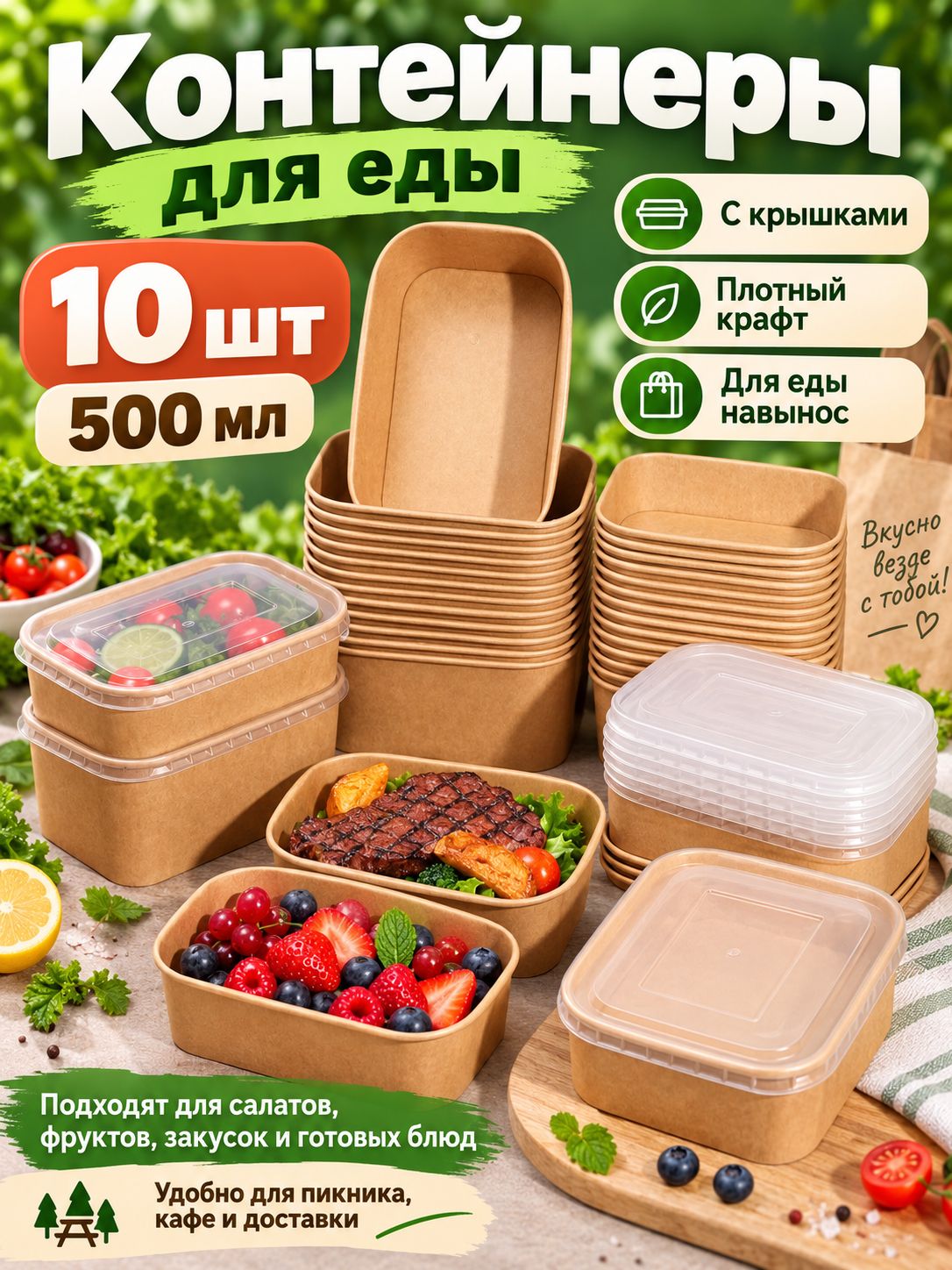 Одноразовые ланч-боксы из крафт-бумаги, 10 шт.