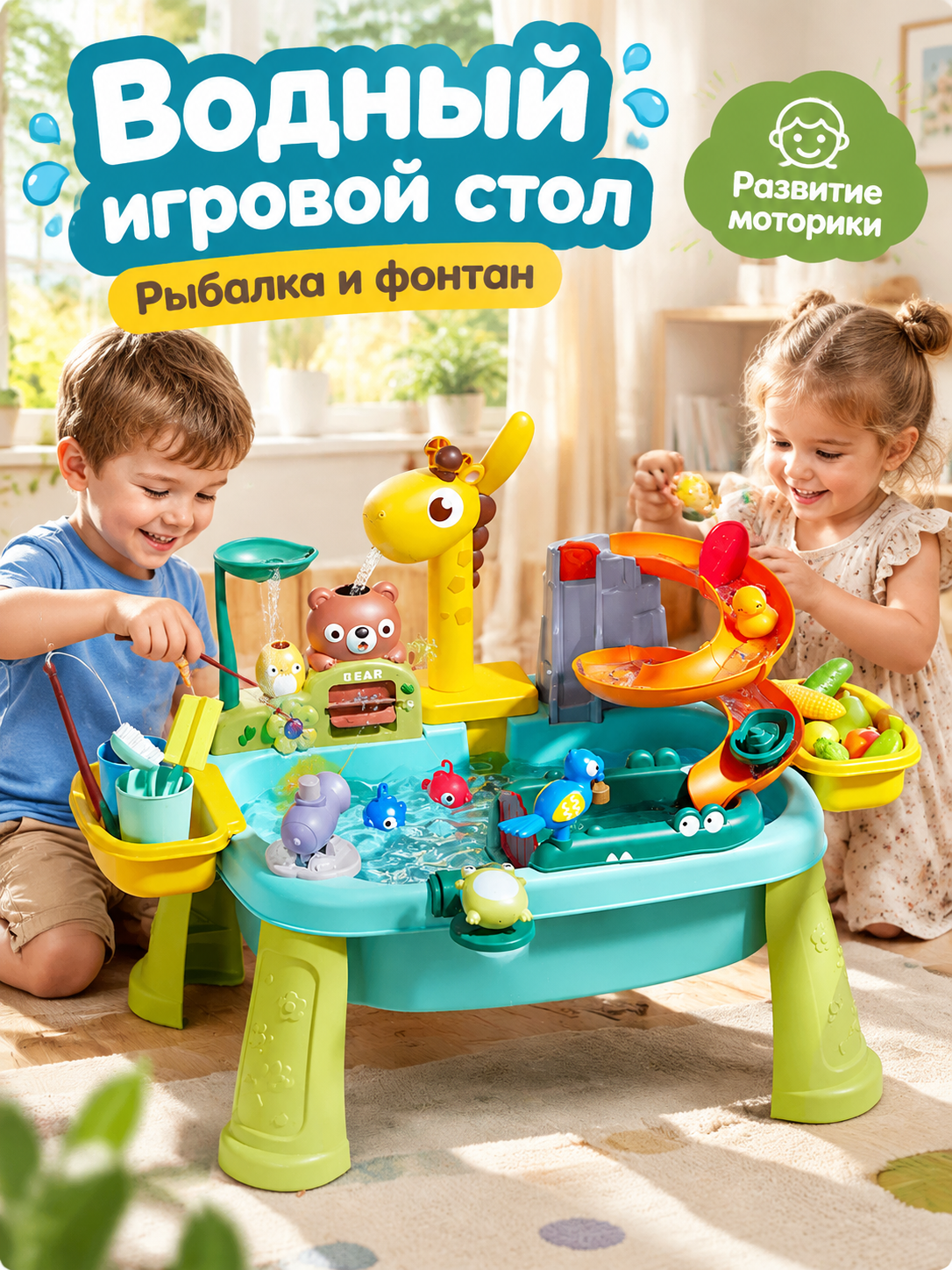 Игровой стол для воды с фонтаном и горкой, детский развивающий набор для рыбалки