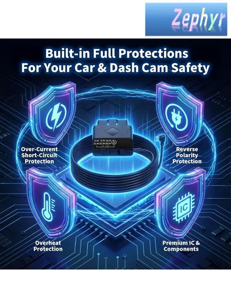 Решение питания obd2 plug & play: защита напряжения с автоматическим светодиодным вольтметром, кабель 12-24 в на выход 5 в для непрерывной записи и парковочного режима