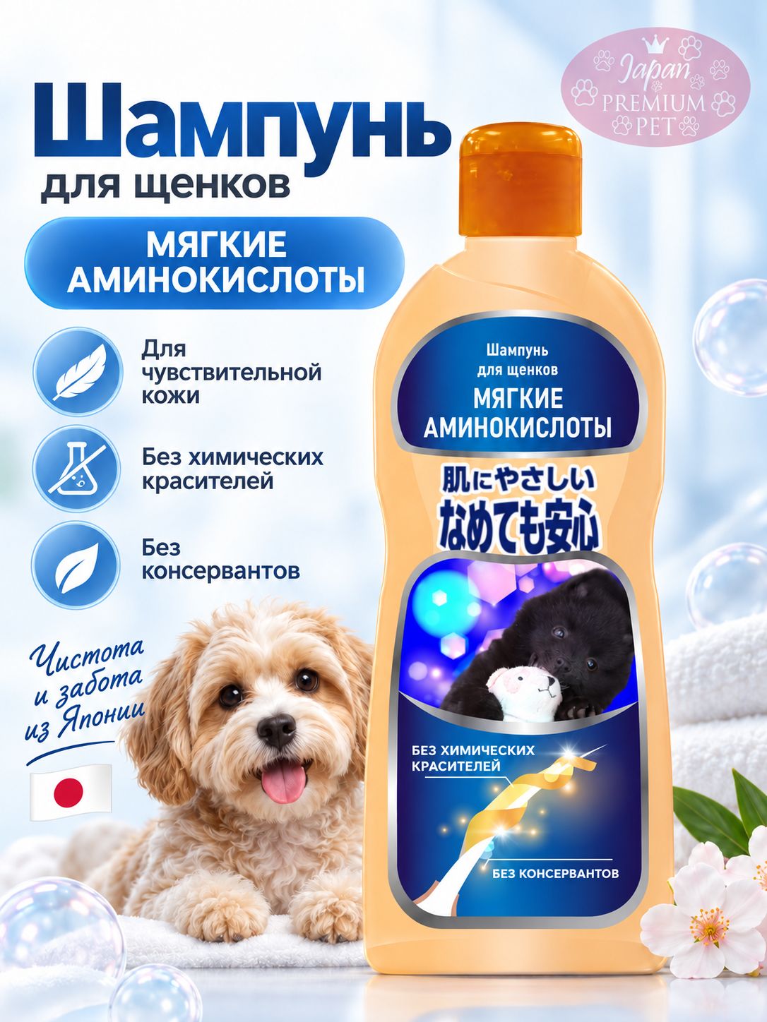 Шампунь для щенков Japan Premium Pet на основе мягких аминокислот без химических красителей и консервантов для чувствительной кожи, 350 мл