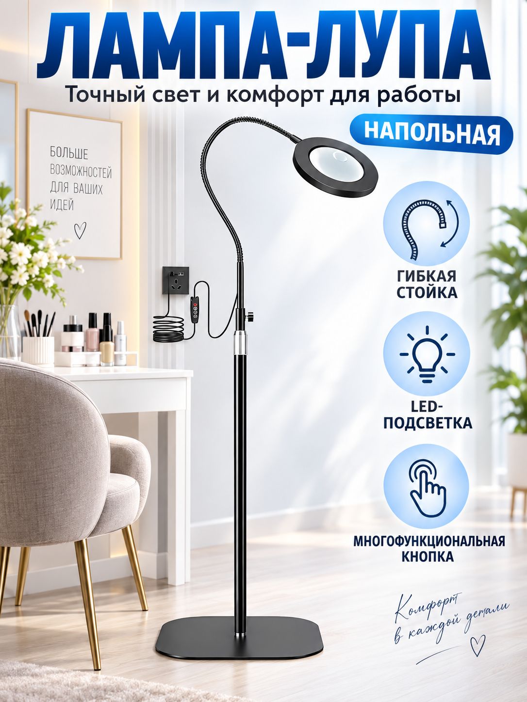 Лампа-лупа настольная с регулируемой стойкой, светодиоды, USB питание для чтения и точной работы дома
