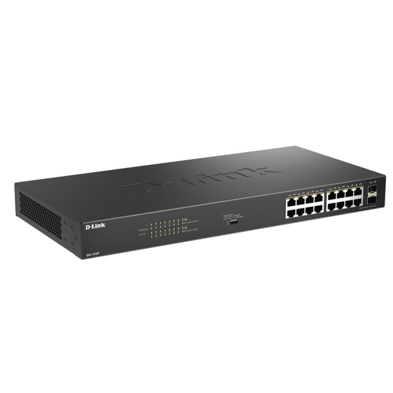 Коммутатор D-Link DGS-1018P, 16 портов PoE 1 Гбит/с, 2 SFP, 240 Вт, DIP-переключатель DGS-1018P/B1A