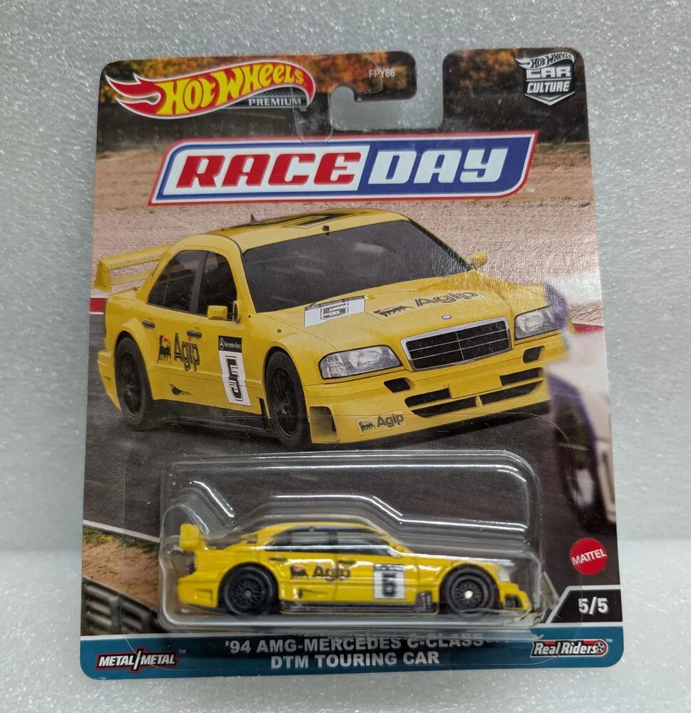 Коллекционная Premium машинка Hot Wheels '94 AMG-Mercedes C-Class DTM Touring Car Yellow (коллекция Car Culture 2023, серия Race Day, 5/5). Товар уцененный