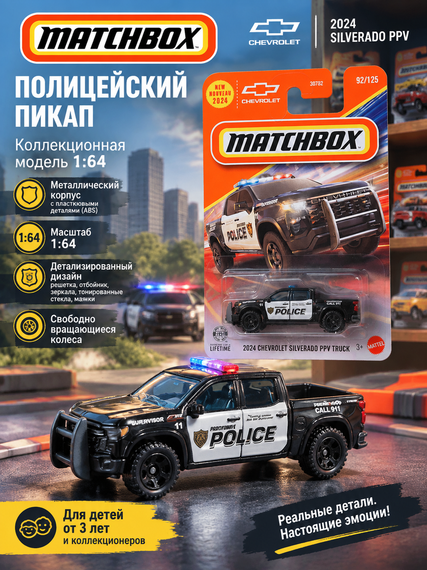 Коллекционная машинка 1:64 металлический полицейский пикап Chevrolet Silverado 2024, литая модель