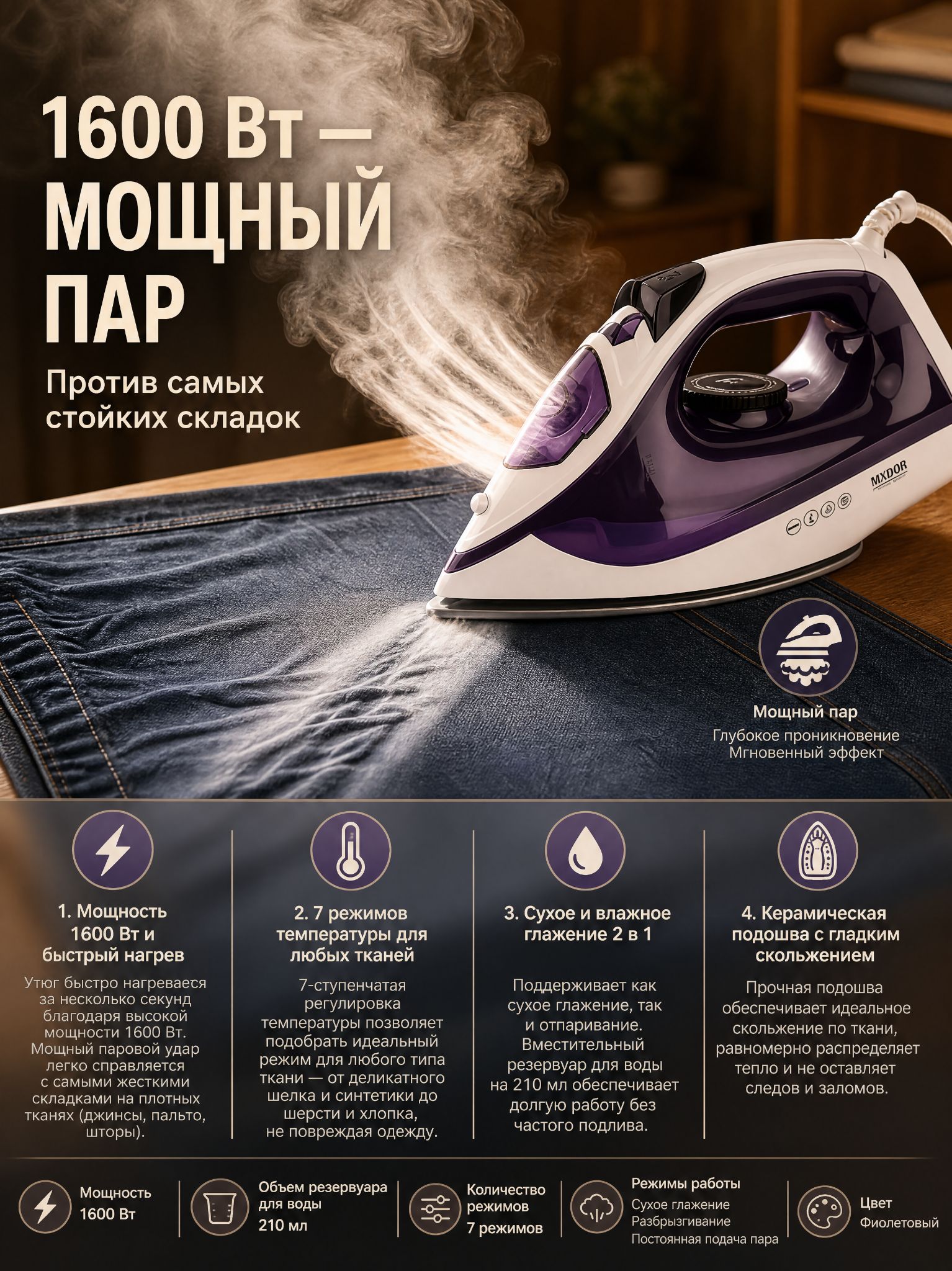 Паровой утюг Braun Texstyle 3 SI3042 VI, мощность 2350 Вт, объём 270 мл, автоотключение, анти-капля, функция распыления воды, керамическое покрытие, вертикальное отпаривание, фиолетовый