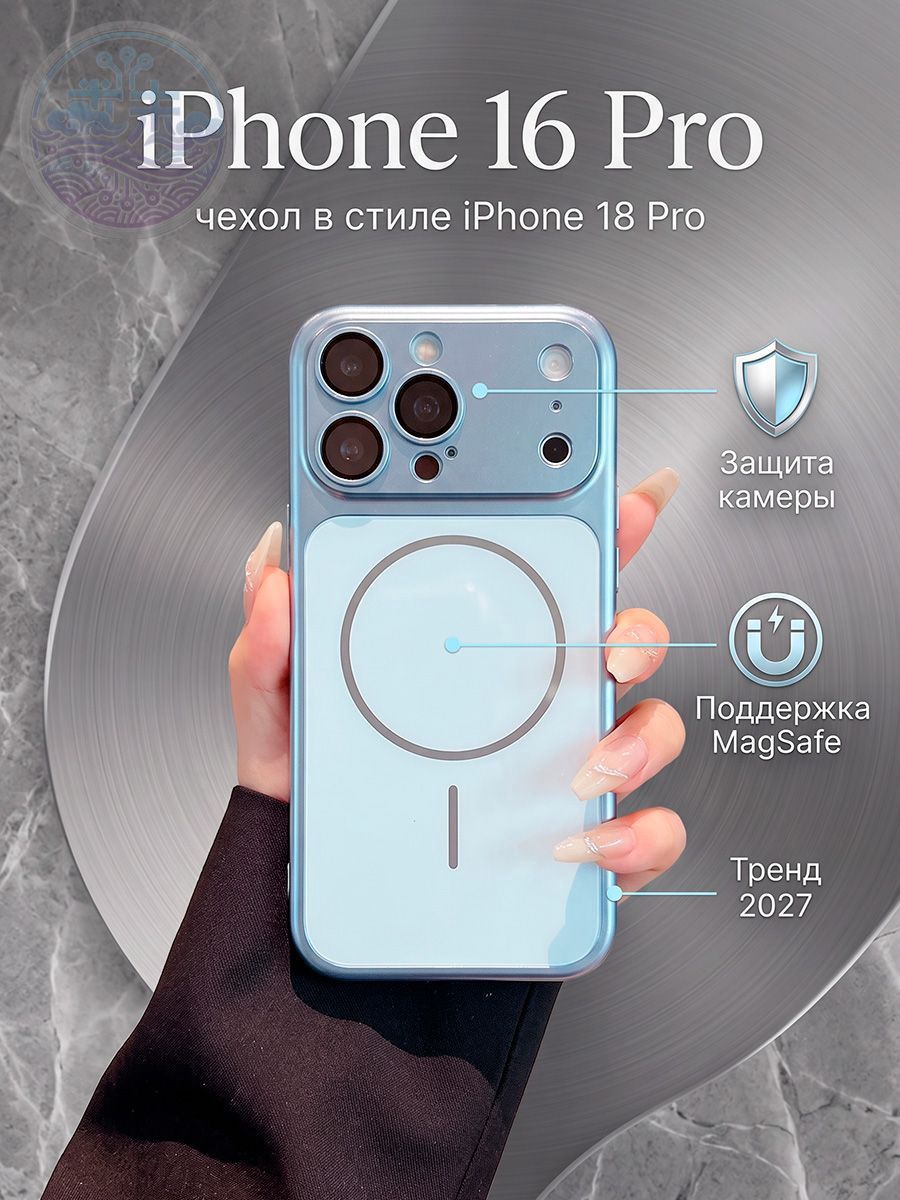 Чехол на Айфон 16 Про в стиле 18, имитация iPhone 17 и 18 Pro, с MagSafe (голубой)