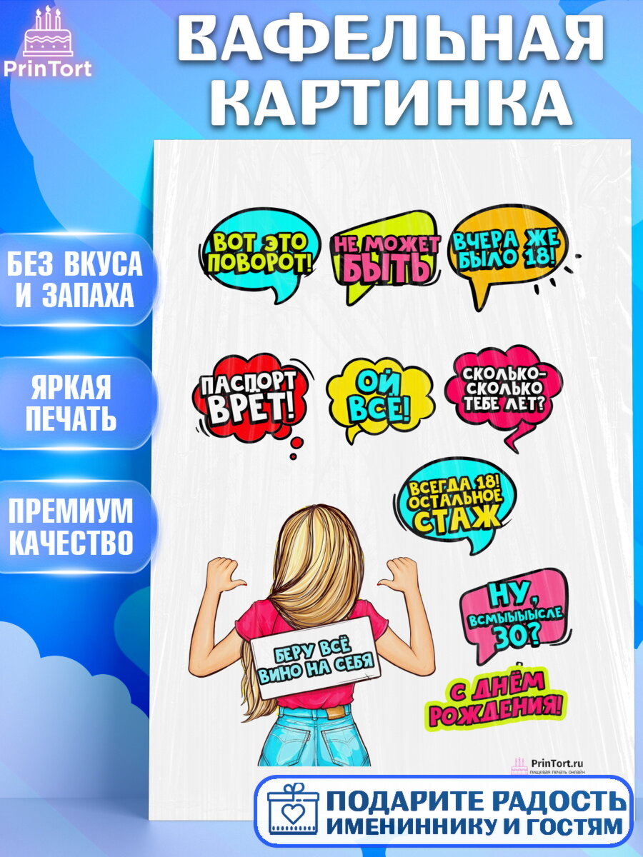 Вафельная картинка для торта Поп арт. Украшения для торта девушке на День Рождения. Декор для выпечки PrinTort