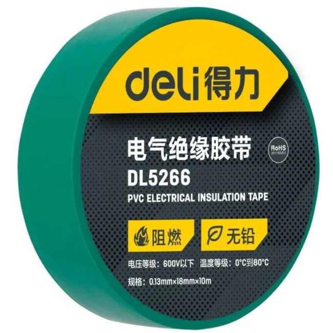 DL5266 Deli Изолента Deli DL5266 зеленая, 0,13мм х 18мм х 9,15м, напряжение до 600В, температурный диапазон 0-80 грд, — фото 1