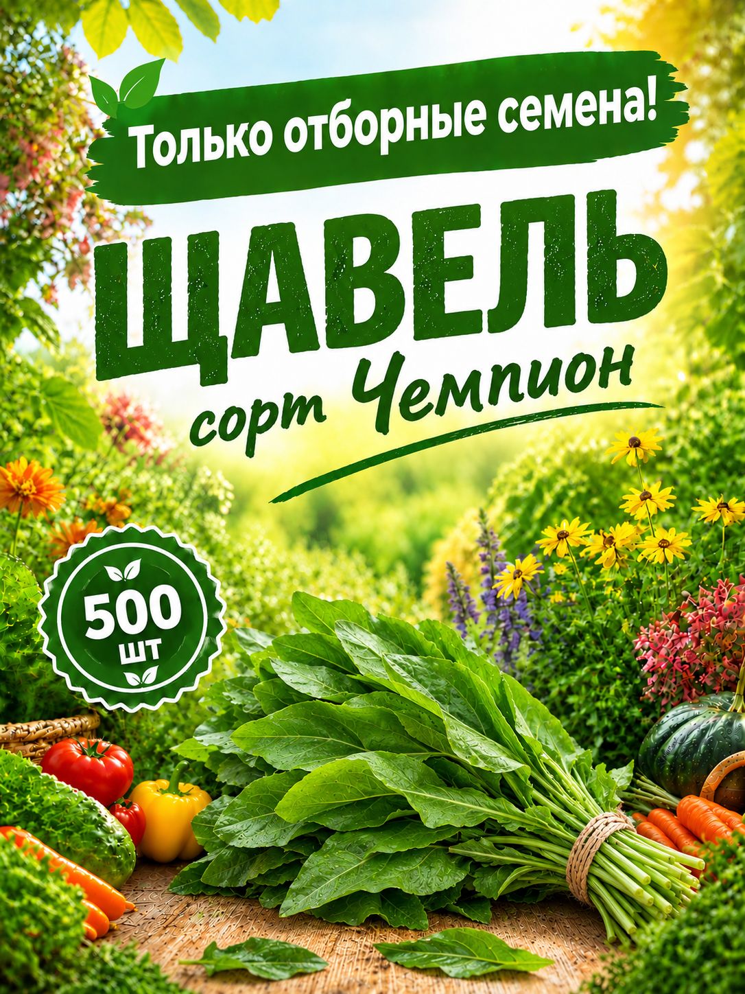 Семена щавеля Чемпион - среднеспелый сорт, высокоурожайный, слабокислый вкус, зимостойкий, для огорода и домашнего выращивания