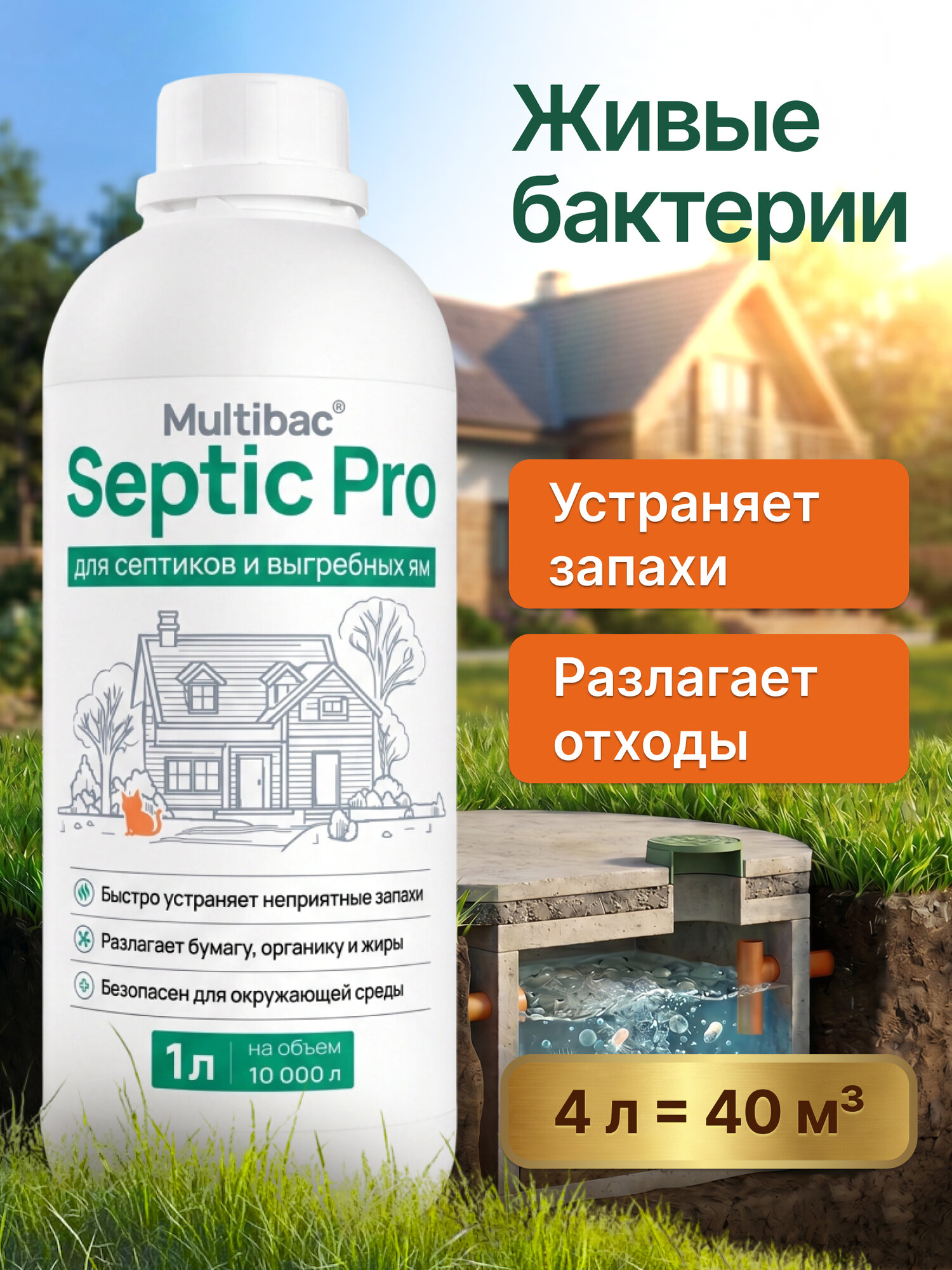 Живые бактерии Multibac Septic Pro, для выгребных ям и септиков, концентрат, 1 л 4 шт