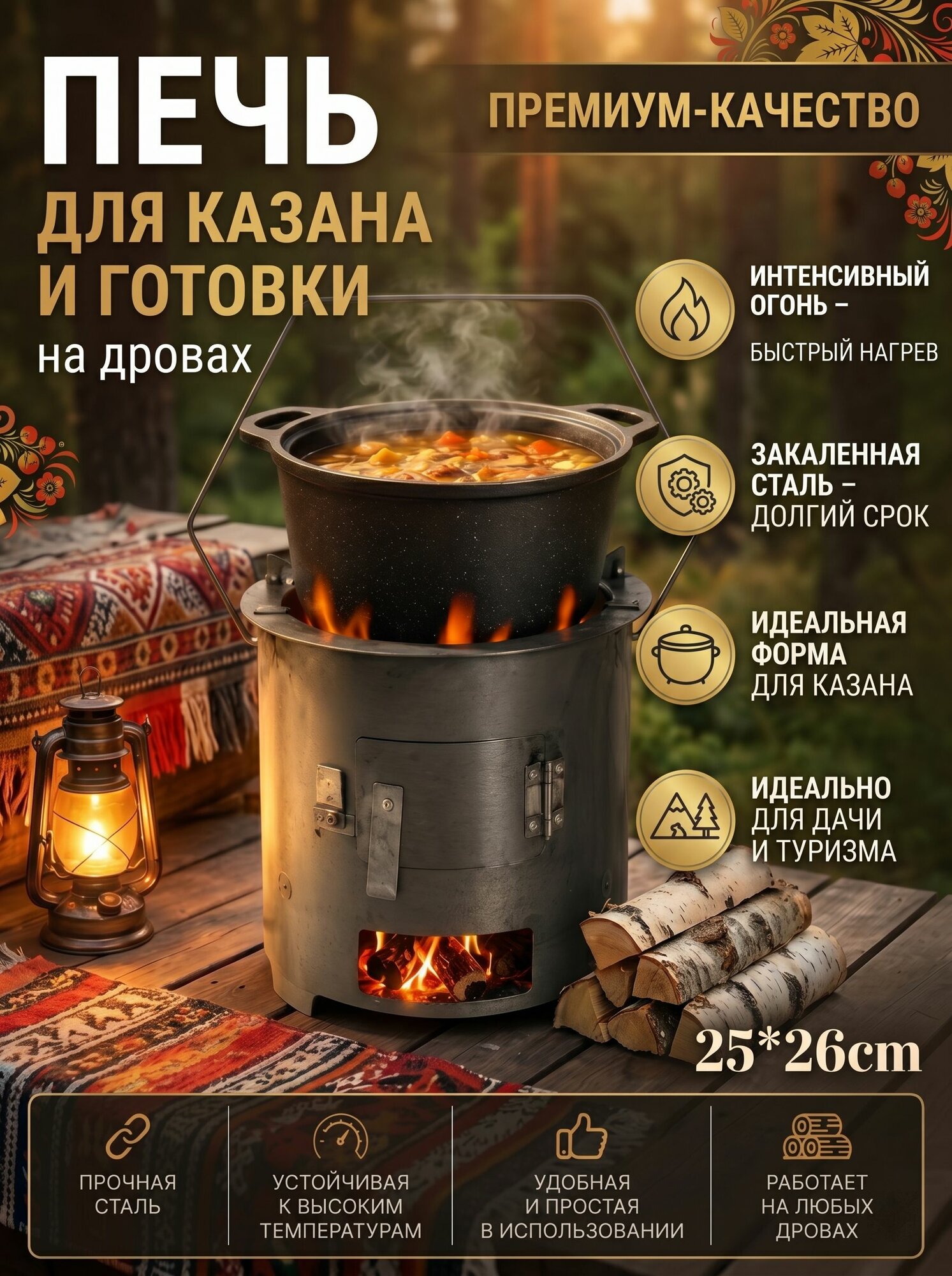 Дровяная печь под казан металлическая уличная компактная с ручкой, для готовки на открытом воздухе, переносная походная