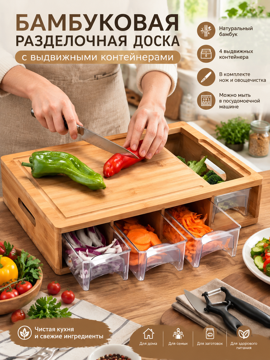 Бамбуковая разделочная доска с 4 выдвижными ящиками и ножом, 42×28 см, коричневая