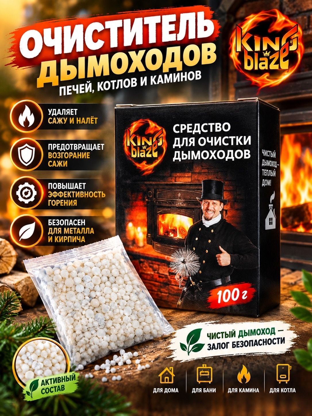 Средство для чистки дымоходов, печей, котлов и каминов King of Blaze 100 гр