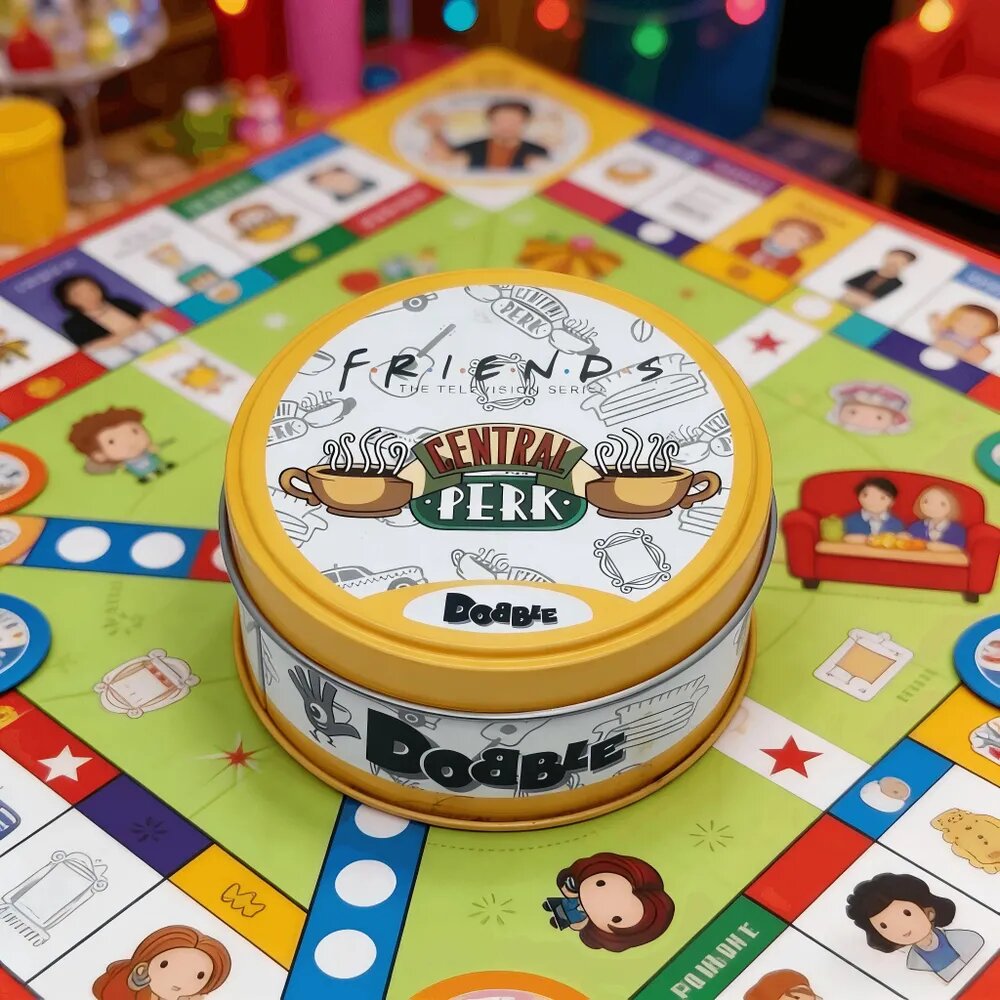 Настольная игра Доббль Друзья (Dobble Friends) Центральная кофейня, карточная для семьи и вечеринки в металлической коробке, подарок на День рождения, Новый год, 8 марта, 23 февраля