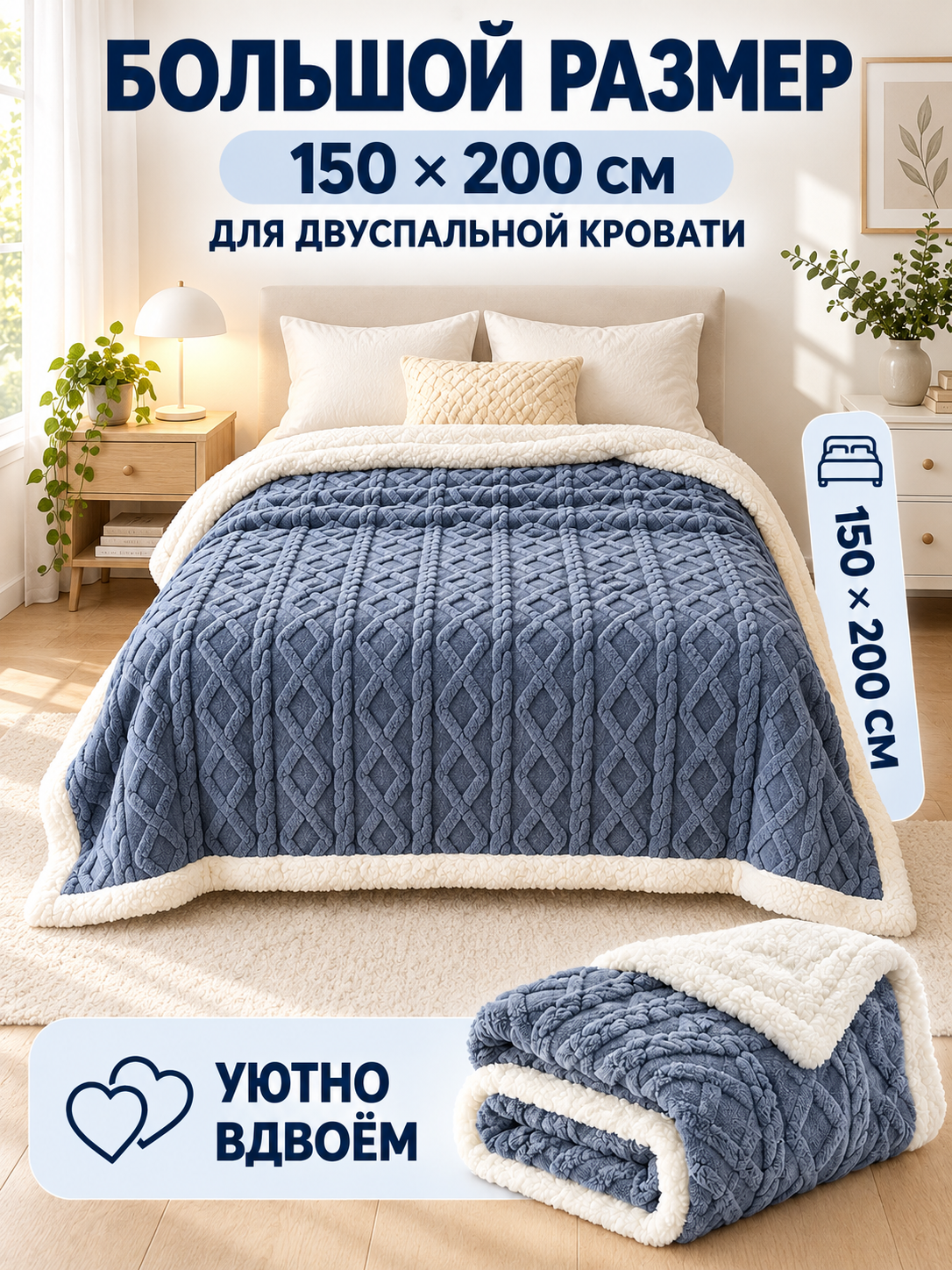 Плед двусторонний, серо-голубой с вязаным узором, плотный, для дивана, покрывало на кровать, 150 x 200 см