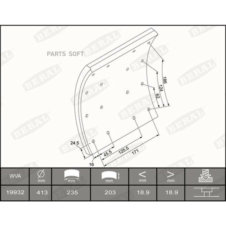 Накладки торм. 1-рем ! Без заклепок 20.0 413x203 6.65x18 64 \SCANIA 93/113/143 от официального дистрибьютора, BERAL, артикул KBL1993211660