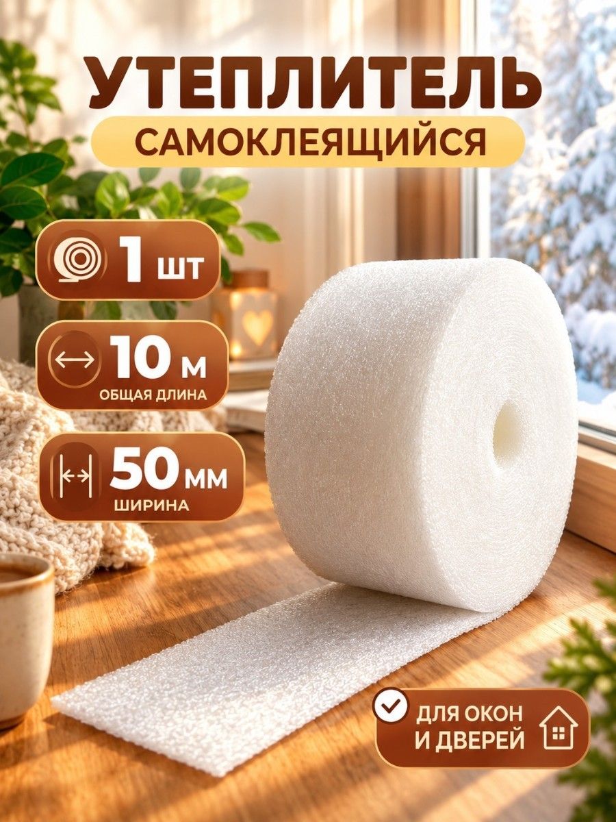 Утеплитель для окон и дверей самоклеящийся, теплолента 50 мм 10 м, уплотнитель белый