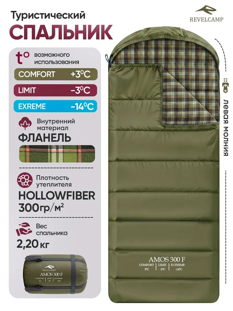 Спальный мешок туристический REVELCAMP Amos 300 Flannel, левая молния