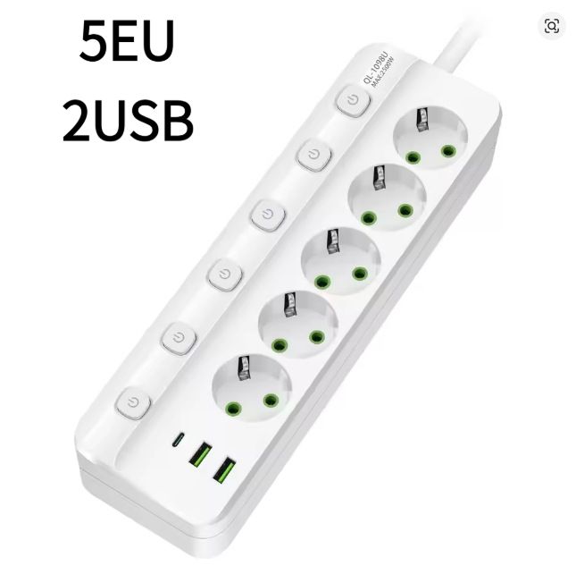 Удлинитель настольный 5 розеток с USB и защитой от перегрузки, евро 16А, длина шнура 3м, белый