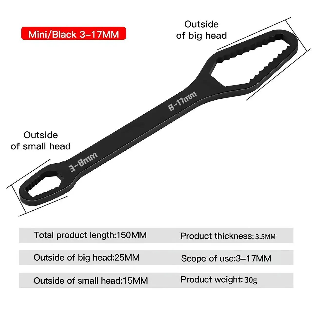 Самозатягивающийся регулируемый гаечный ключ Torx 3-22 мм Black 150mm 3-17mm