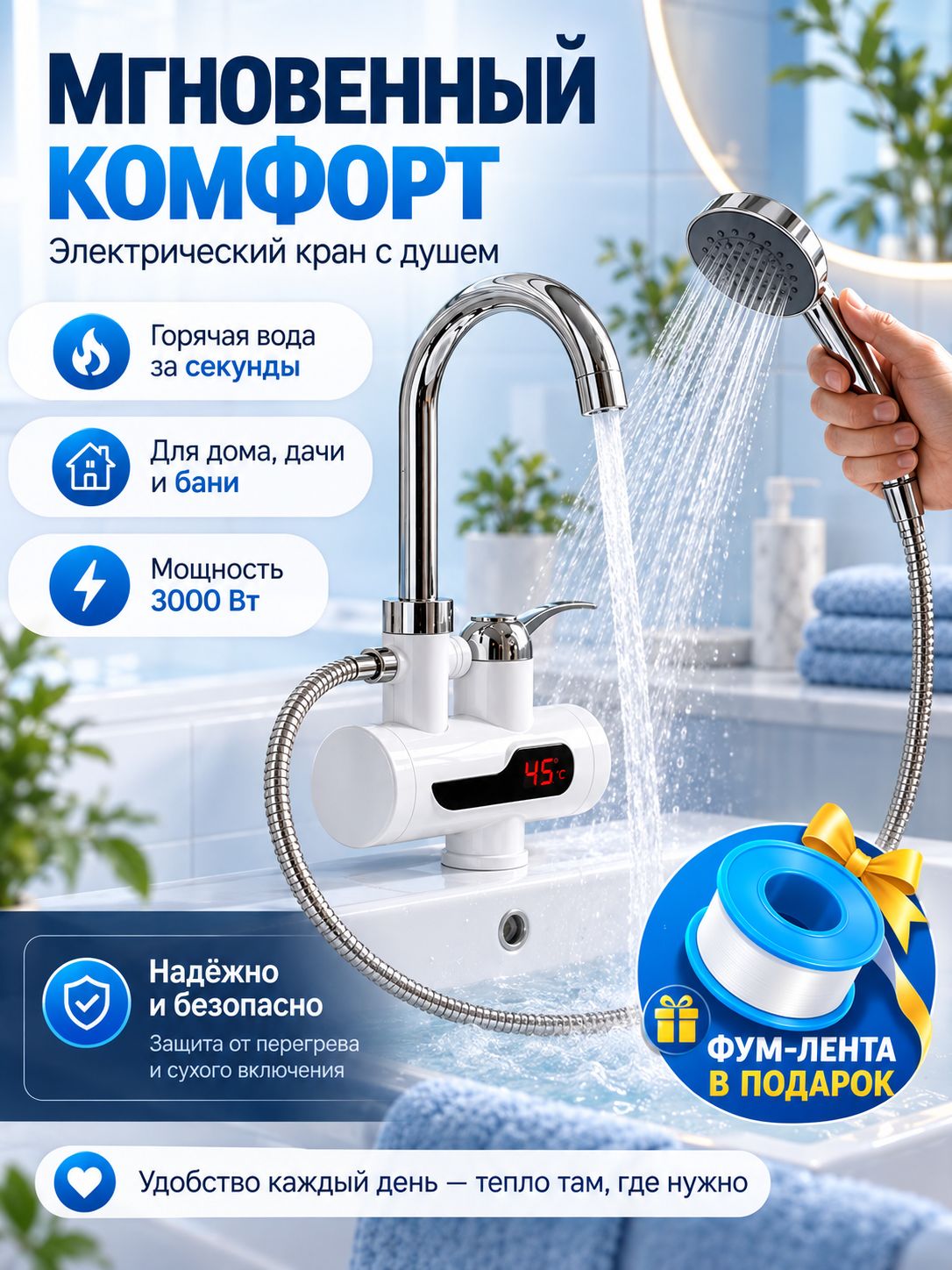 Водонагреватель проточный электрический, кран с подогревом воды для кухни и дачи