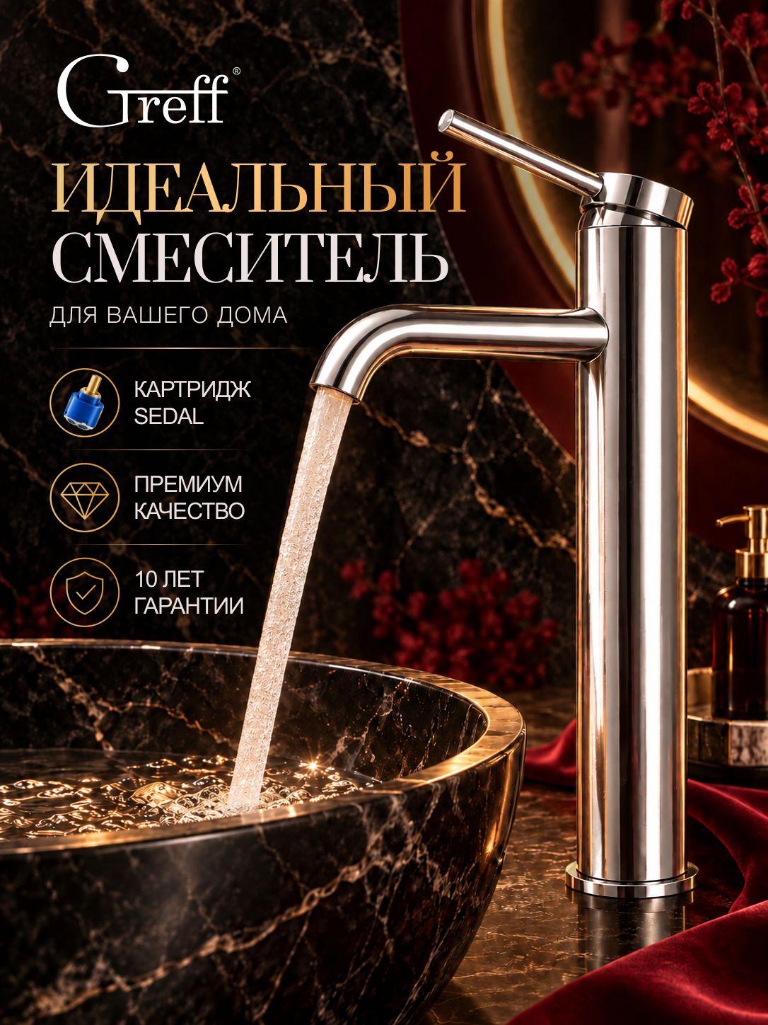 Смеситель для накладной раковины в ванную / Кран для умывальника высокий