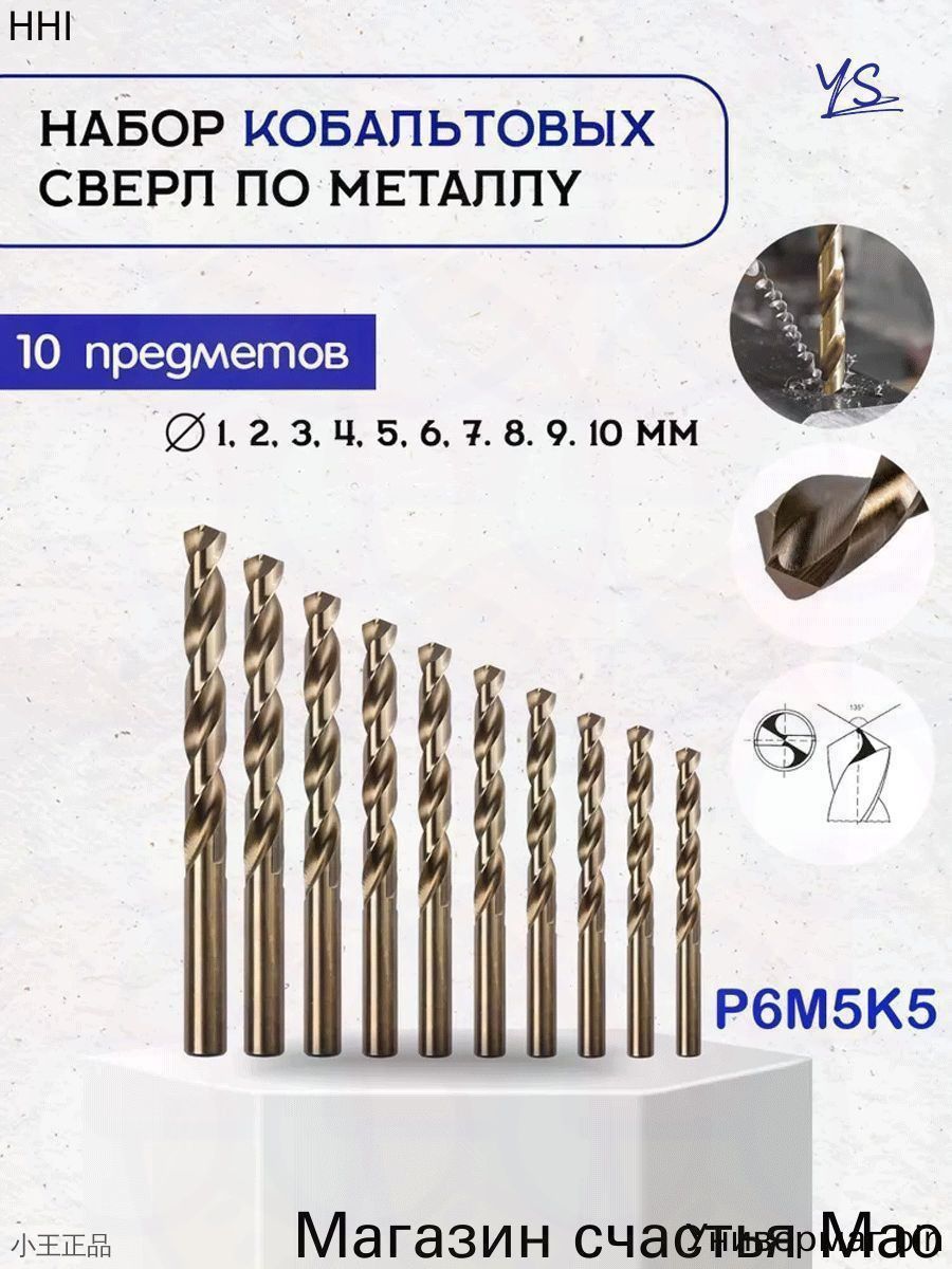 Набор кобальтовых сверл по металлу 1-10мм шаг 1мм, М35 10шт. (Р6М5К5)
