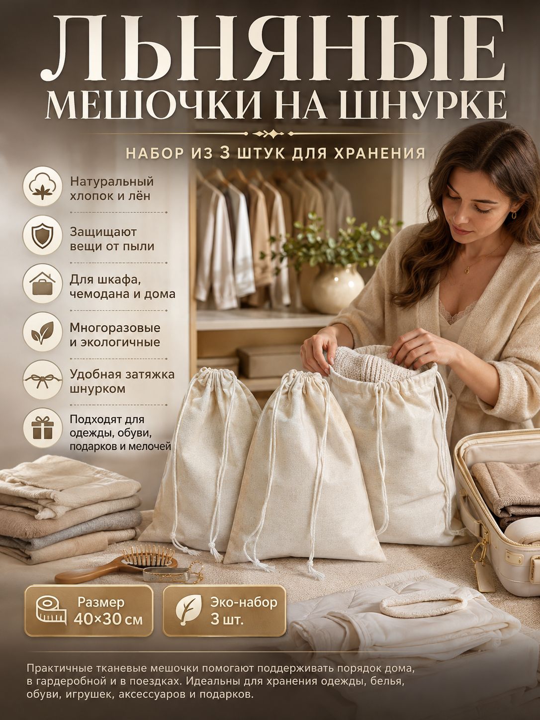 Экомешочки 40x30 см 3 шт бежевый