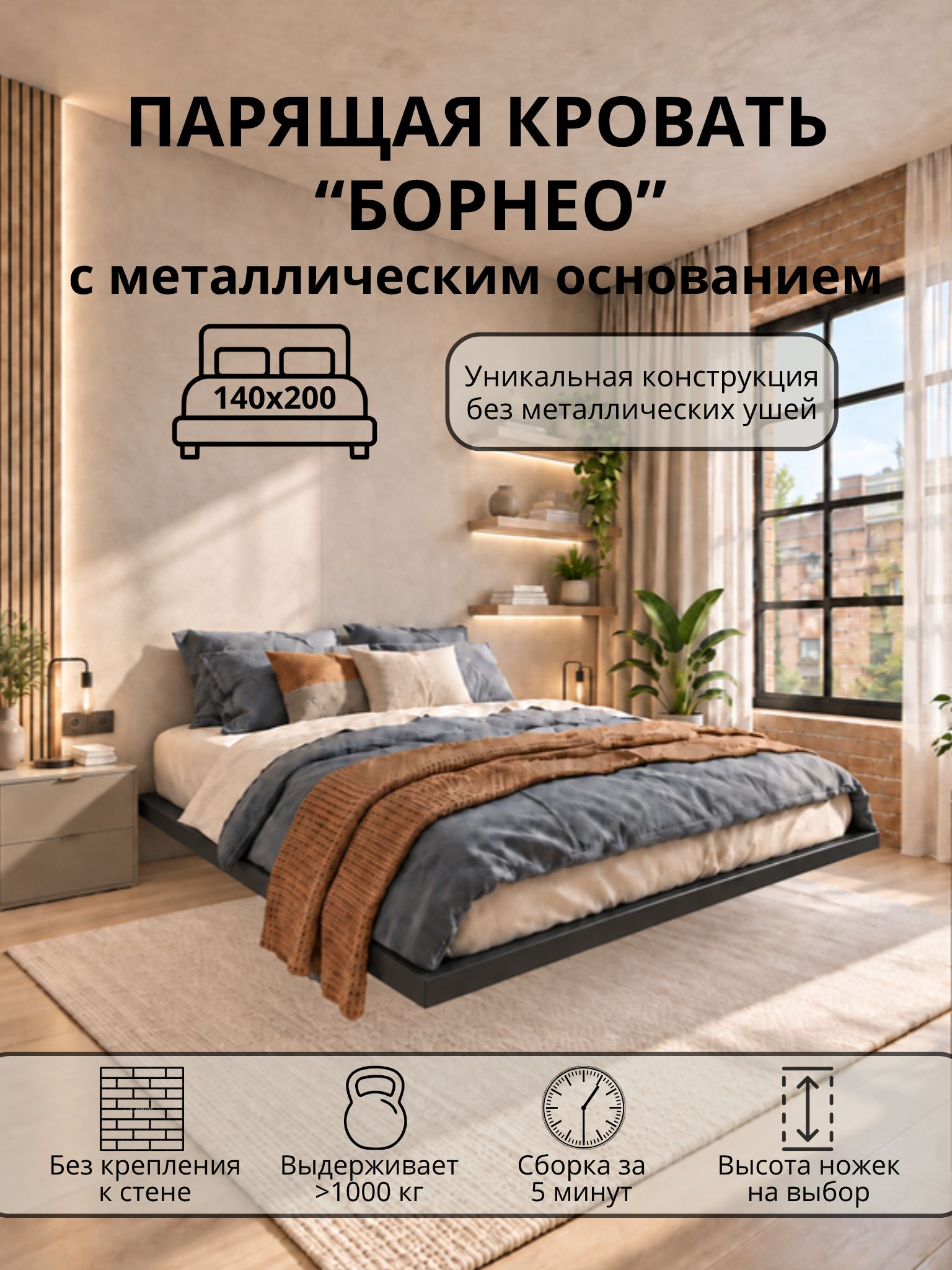 Парящая кровать Борнео с металлическим основанием