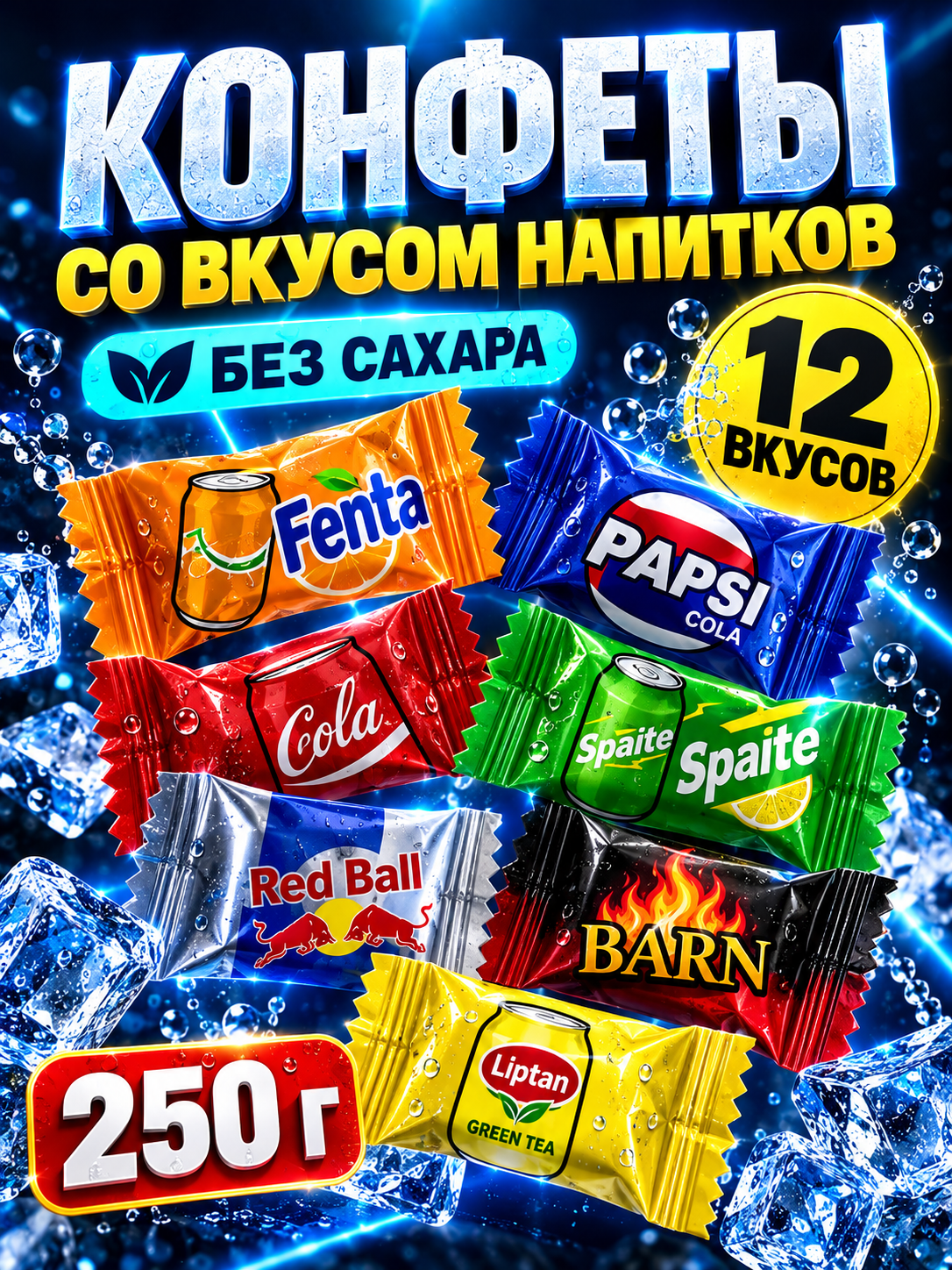 Конфеты китайские со вкусом Газировки ассорти 12-вкусов 250гр